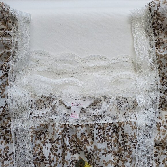 Candie's Cottagecore Floral Lace Trim Balloon Sleeve Semi sheer Peplum waist L - Picture 7 of 16